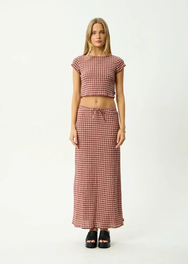 Afends Capricorn Seersucker Maxi Skirt Burgundy Beige Check front