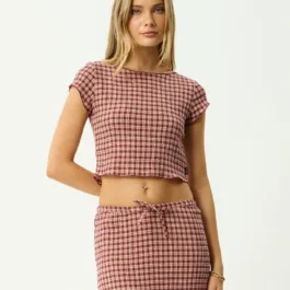 Afends Capricorn Seersucker Top Burgundy Beige Check front
