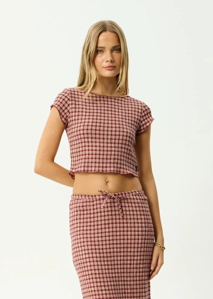 Afends Capricorn Seersucker Top Burgundy Beige Check front