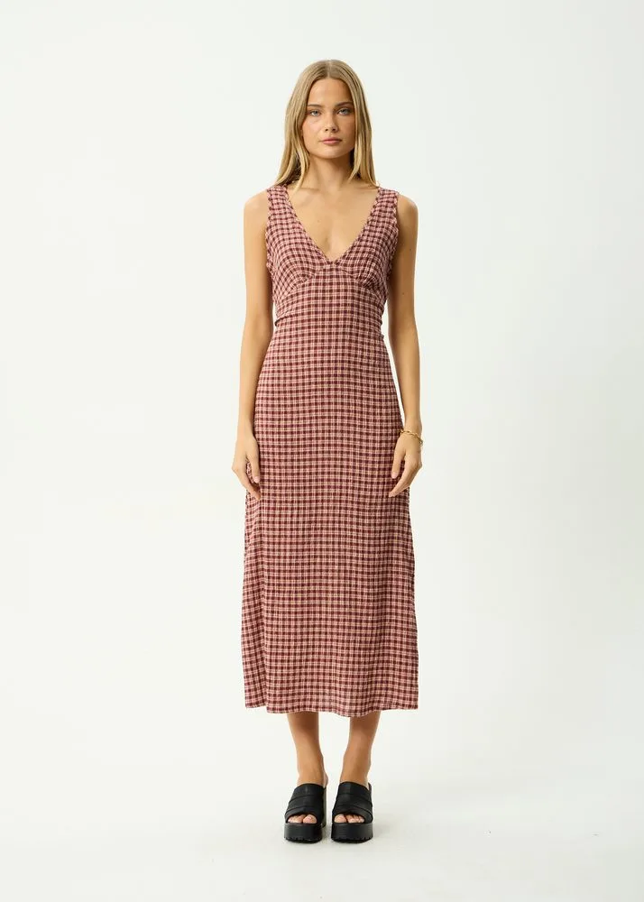 Afends Capricorn Tully Seersucker Maxi Dress Burgundy Beige Check front