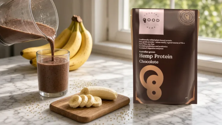 Chocolate hemp protein smoothie being poured into a glass beside a Good Country Hemp Protein Chocolate pouch and bananas