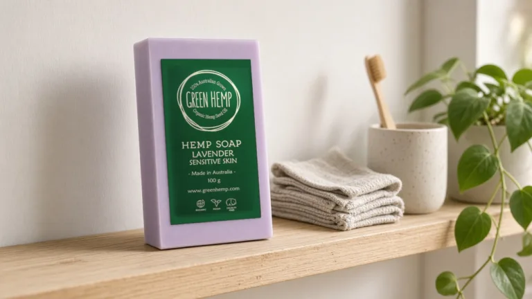 GREEN Hemp lavender hemp soap bar on a timber bathroom shelf with folded wash cloths and a bamboo toothbrush