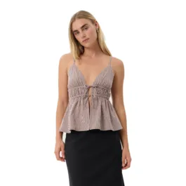 Afends Ana Tie Top in Mahogany Check, front view on white, worn with a black skirt
