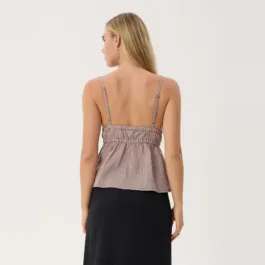 Afends Ana Tie Top in Mahogany Check, back view showing the spaghetti straps and gathered back