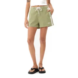 Afends Ellia Boardshorts in Sage, front view on white, showing the white drawcord and side panels