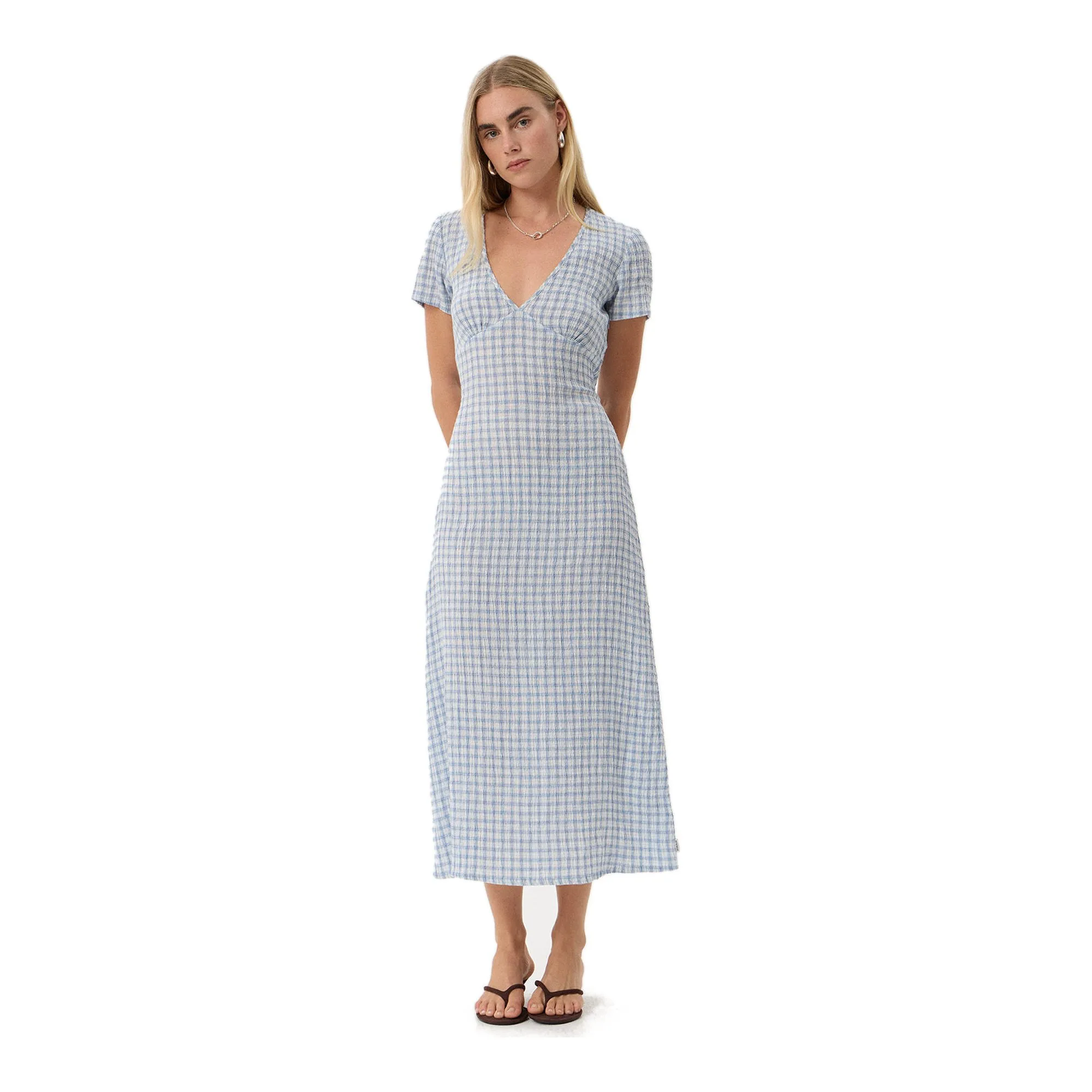 Afends Maeve Seersucker Maxi Dress in Powder Blue Check, full-length front view on white