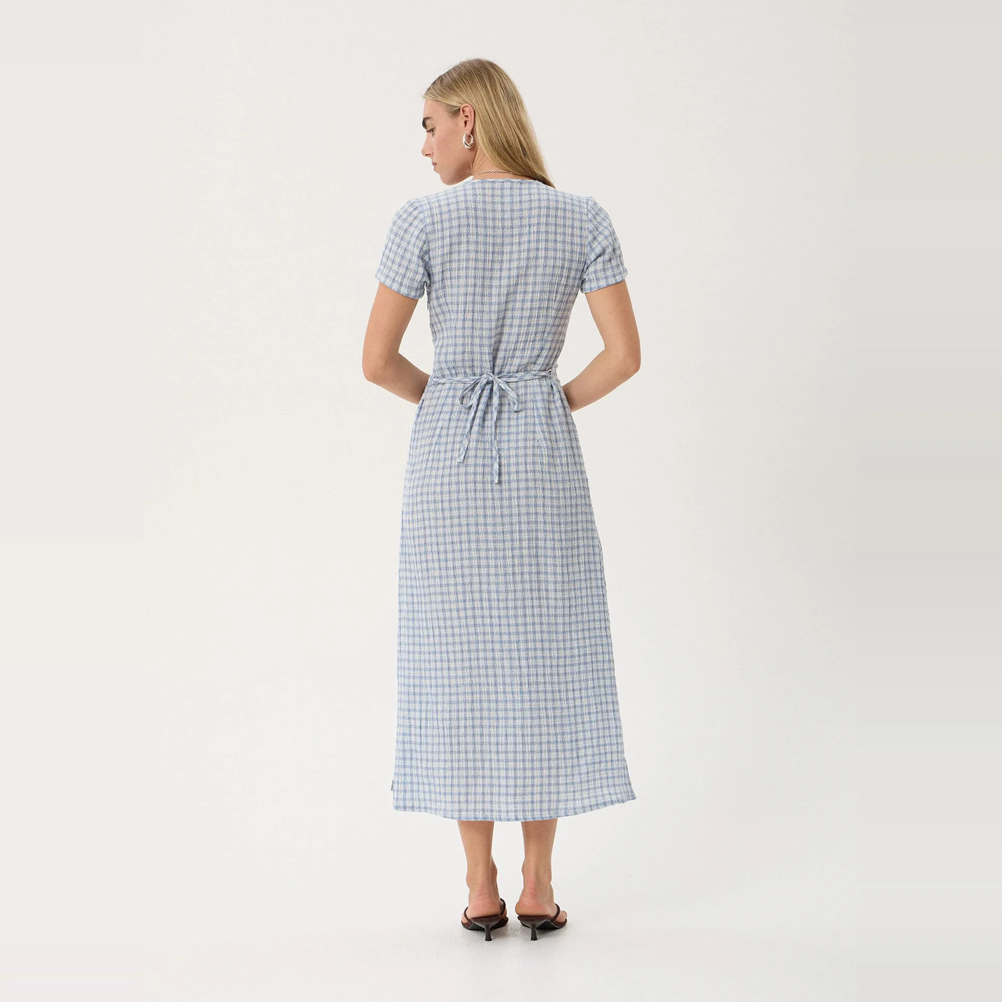 Afends Maeve Seersucker Maxi Dress in Powder Blue Check, back view showing the waist tie