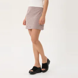 Afends Mariah Mini Skirt in Mahogany Check, three-quarter view showing the high waist and mini length