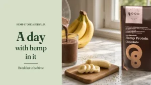 A day with hemp in it – chocolate hemp protein smoothie on a kitchen bench, Hemp Store Australia